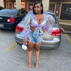 Sheer iridescent top with puffy sleeves.